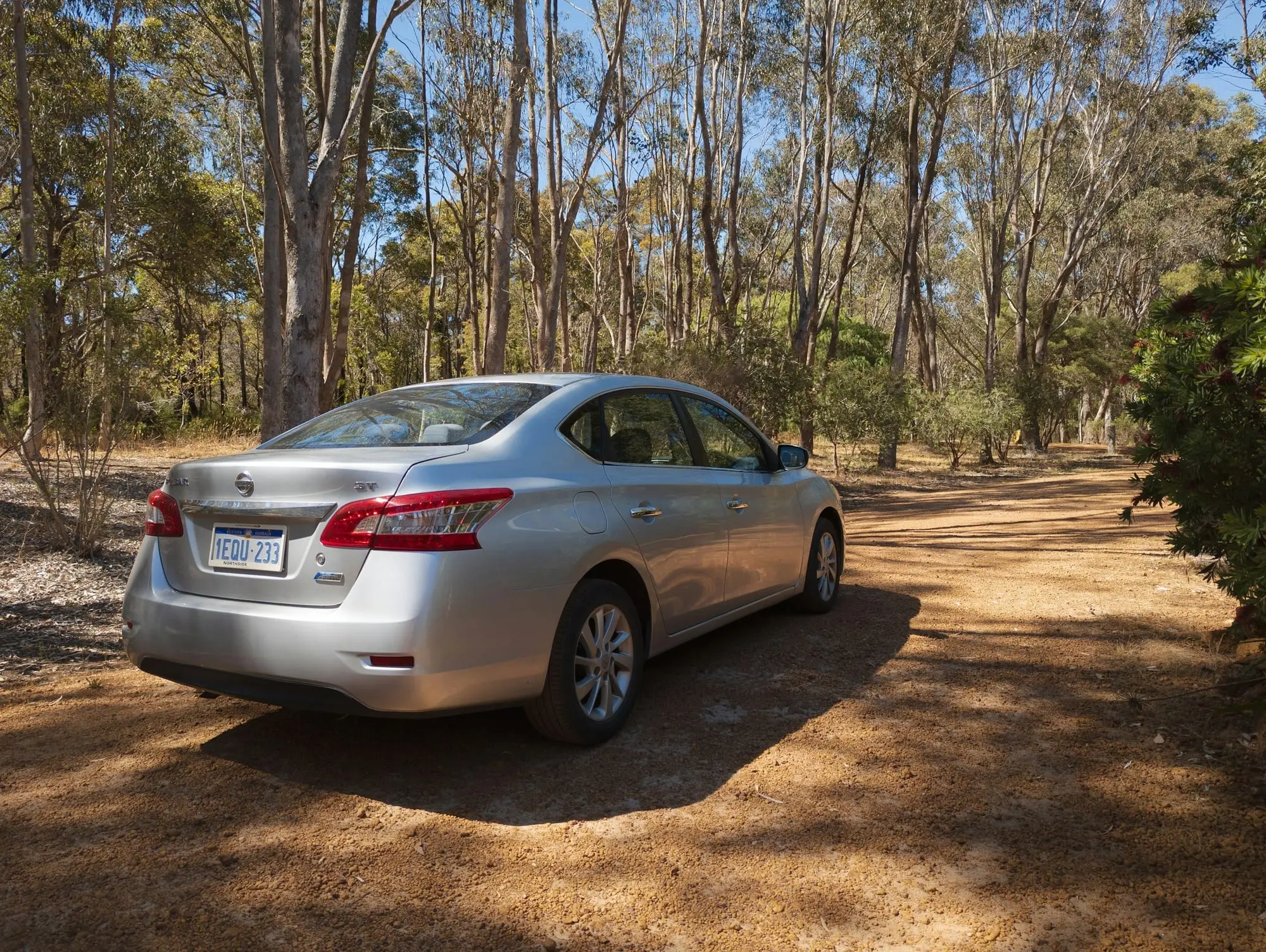 Silver Nissan Pulsar sedan parked on a dirt clearing in a gum forest
